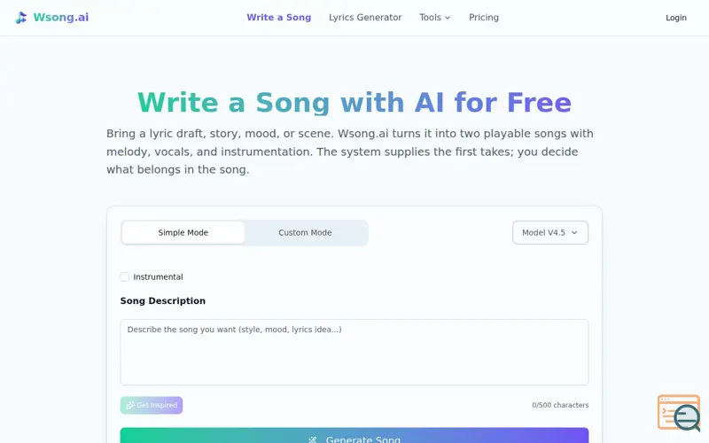 Screenshot of Write a Song Online with an AI Song Writer | Wsong.ai