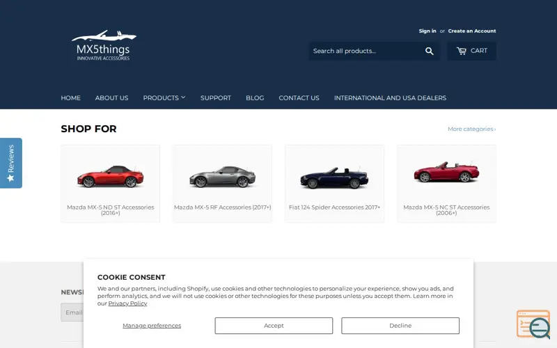 Screenshot of MX5things, a launch using Yotpo