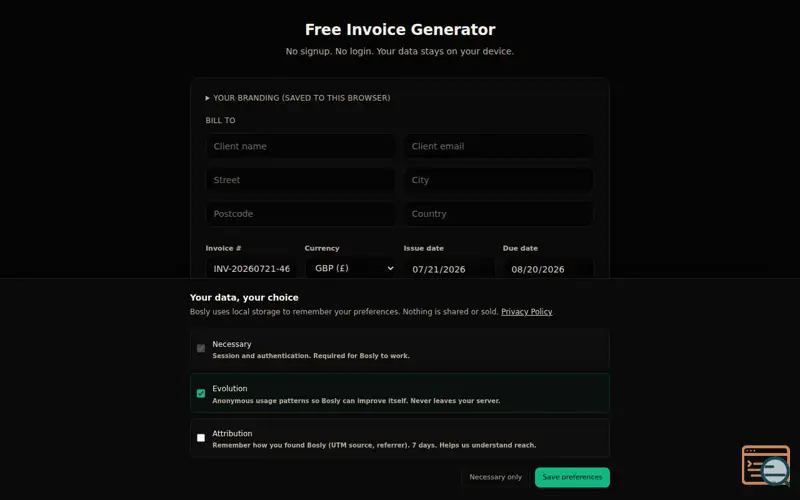 Screenshot of Bosly Invoice Generator