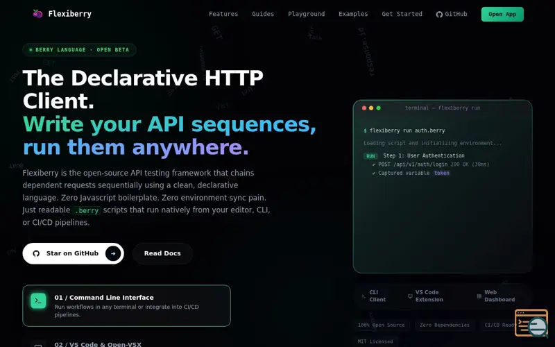 Screenshot of Flexiberry · The Developer-First HTTP Client for Sequential API Workflows