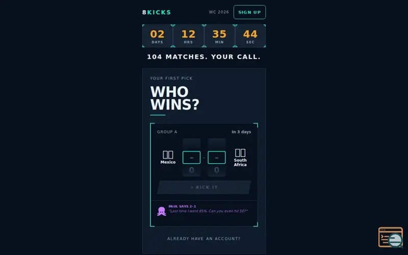 Screenshot of 8kicks — World Cup 2026 Predictions
