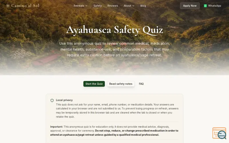 Screenshot of Ayahuasca Safety Quiz