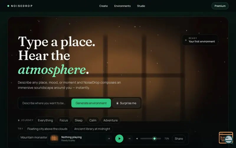 Screenshot of NoiseDrop — Type a place. Hear the atmosphere.