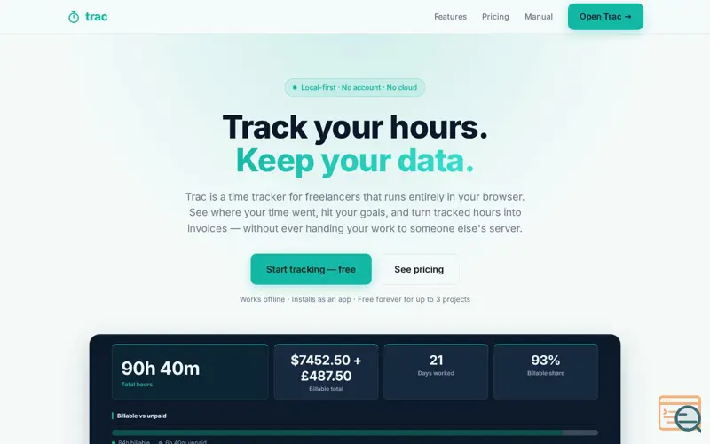 Screenshot of Trac —Local-first Time Tracker