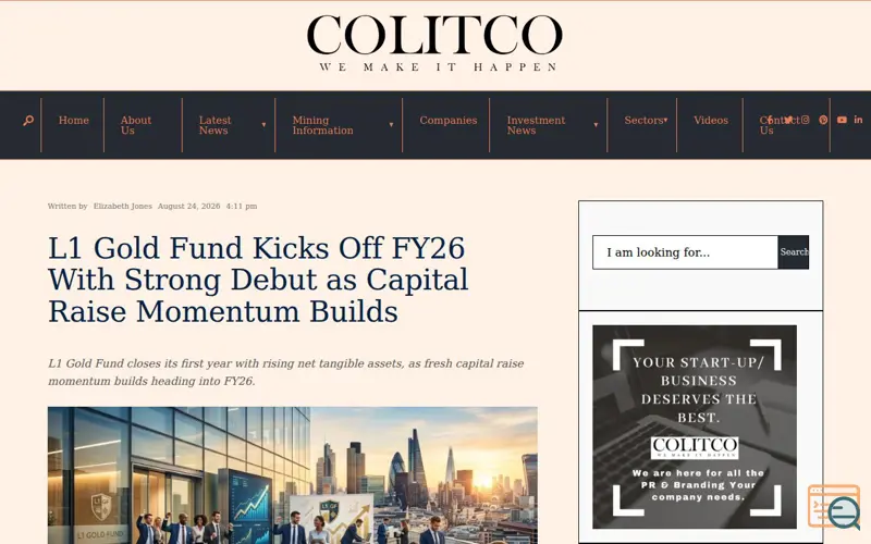 Screenshot of L1 Gold Fund strong debut FY26 capital