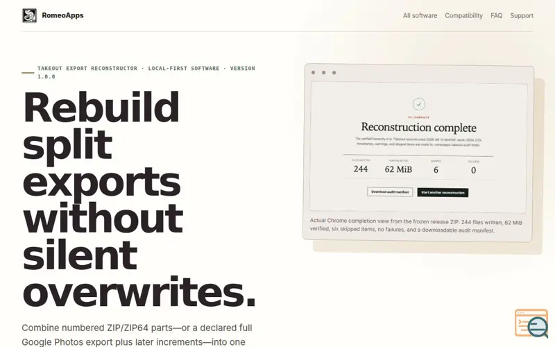 Screenshot of Takeout Export Reconstructor — RomeoApps