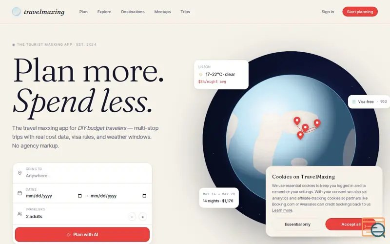 Screenshot of TravelMaxing, a launch using Travelpayouts