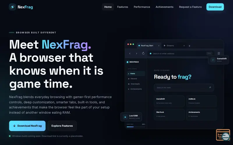 Screenshot of Gaming Browser Reimagined | NexFrag