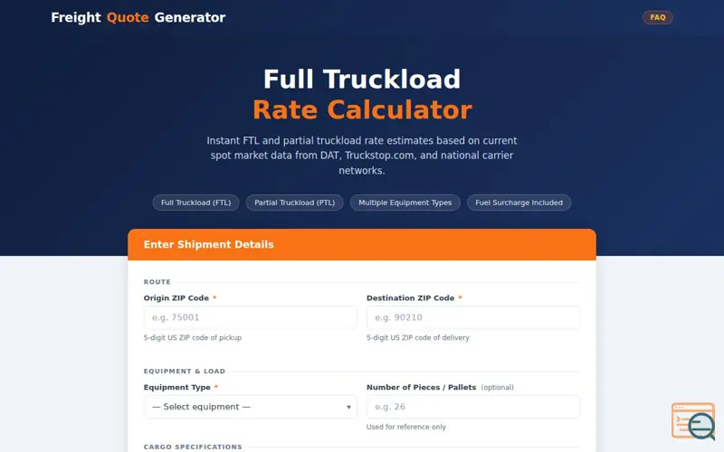 Screenshot of Freight Quote Generator