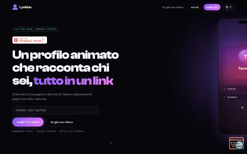 Screenshot of Lynkbio: your bio, unlocked, a launch using Lanyard