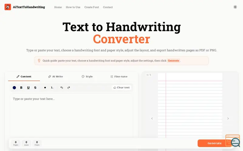Screenshot of Text to Handwriting Converter | AI Text to Handwriting, a launch using jsPDF