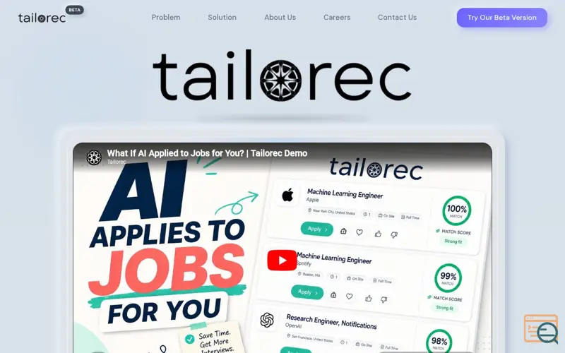 Screenshot of Tailorec, a launch using AWS CloudWatch RUM