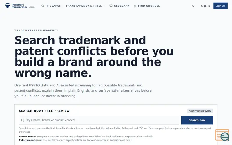 Screenshot of Trademark Transparency