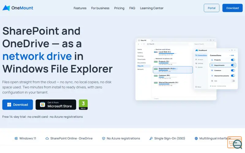 Screenshot of OneMount — SharePoint and OneDrive as Windows network drives, a launch using ns.works