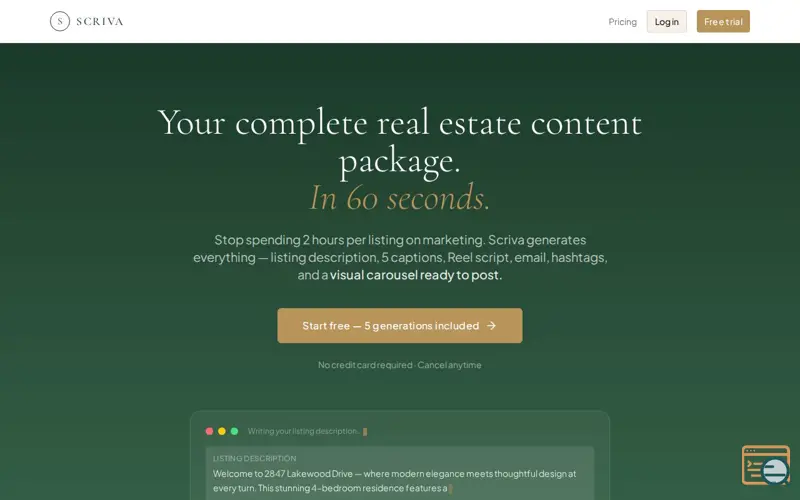 Screenshot of Scriva — Real estate content in 60 seconds