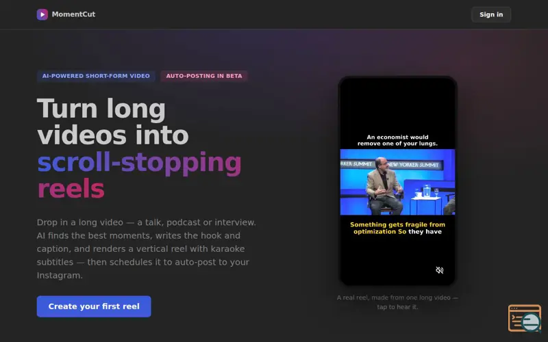 Screenshot of MomentCut — Turn long videos into vertical reels with AI