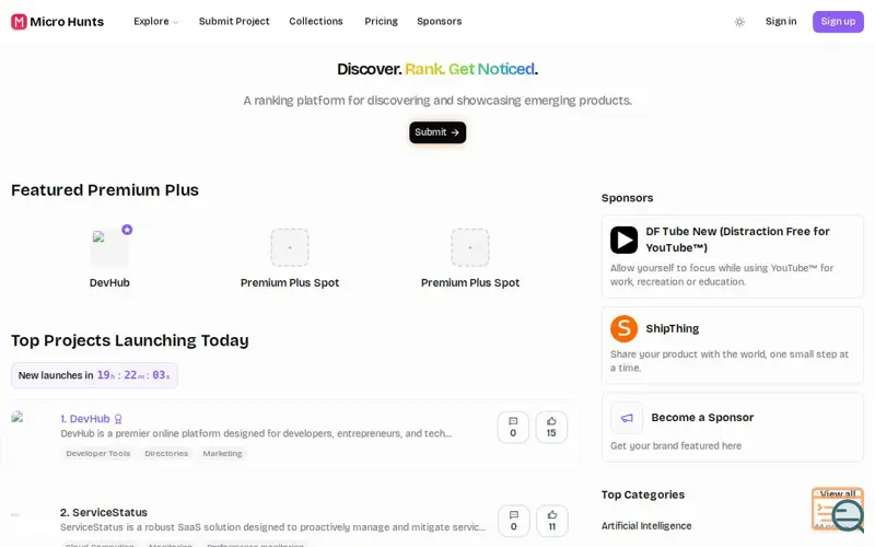 Screenshot of Micro Hunts - Micro Hunts is a platform to discover and upvote the best tech products. Find top products launching daily., a launch using PostYourStartup