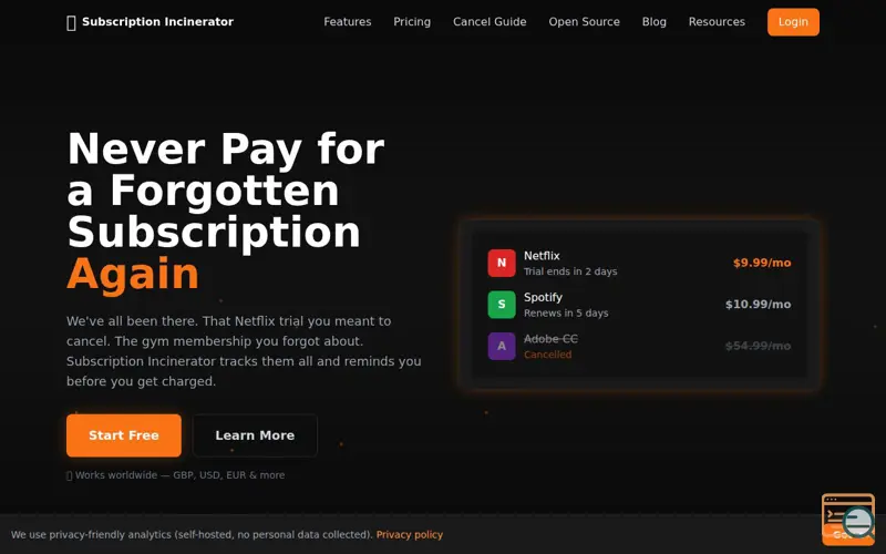 Screenshot of Subscription Incinerator 