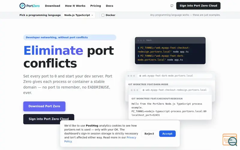 Screenshot of Port Zero — stable domains for your local dev ports