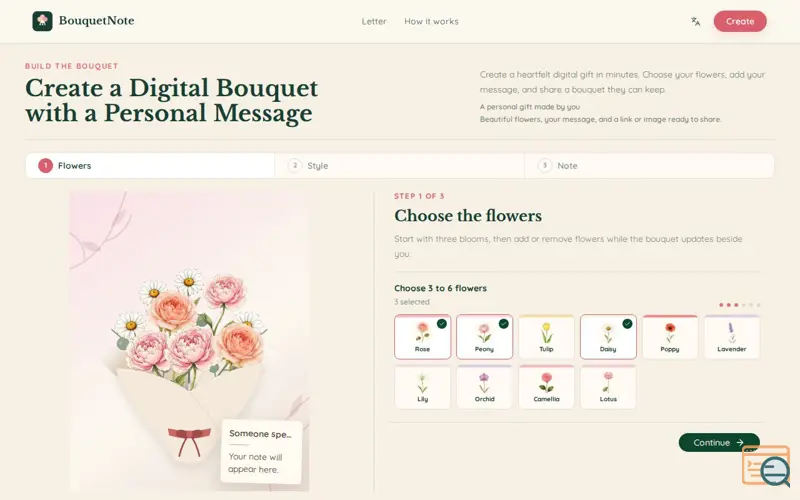 Screenshot of Digital Bouquet Creator with a Personal Note | BouquetNote