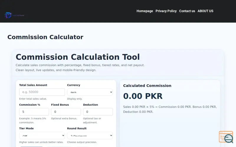 Screenshot of Commission Calculator