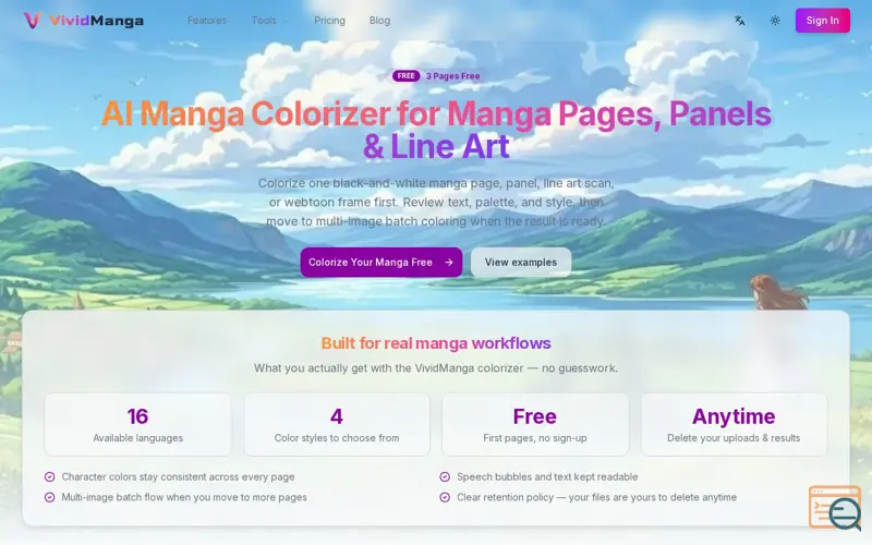 Screenshot of VividManga AI Manga Colorizer, a launch using HSTS
