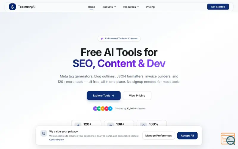 Screenshot of Toolmetryai 