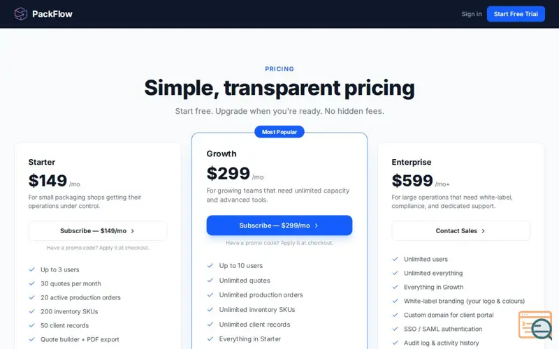 Screenshot of PackFlow