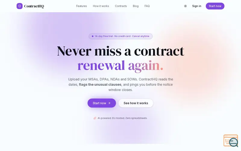 Screenshot of ContractHQ, a launch using MailChannels