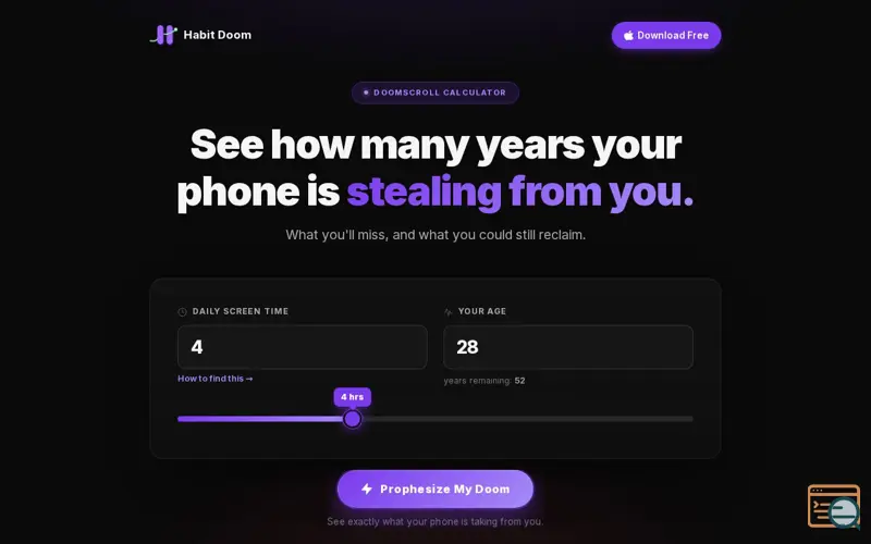 Screenshot of Doomscroll Calculator (by Habit Doom), a launch using Launch List
