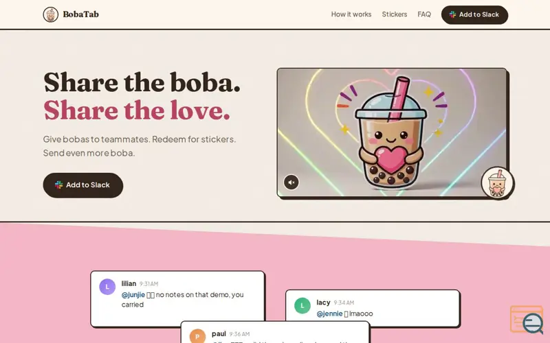 Screenshot of BobaTab. Share the boba. Share the love.