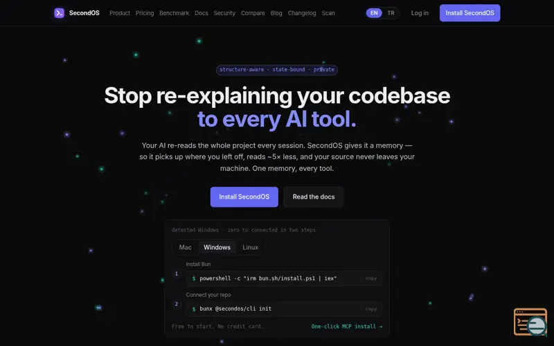 Screenshot of SecondOS — one memory for your codebase, every AI tool reads it