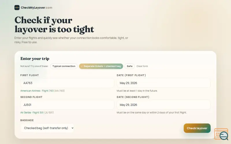 Screenshot of CheckMyLayover