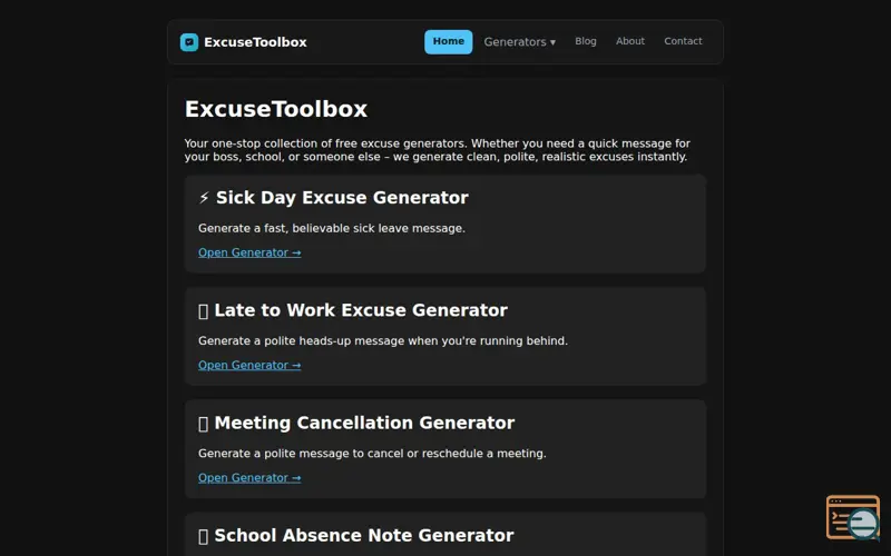 Screenshot of ExcuseToolbox