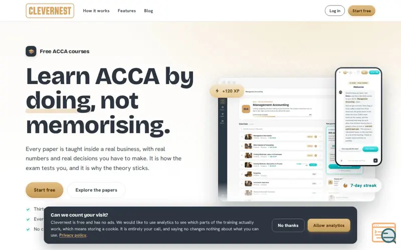 Screenshot of Clevernest · ACCA exam prep built on real business case studies