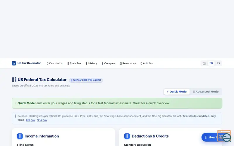 Screenshot of US Tax Calculator 2026