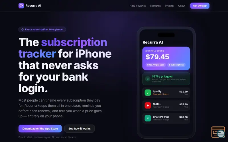 Screenshot of Subscription Tracker for iPhone — No Bank Login | Recurra AI