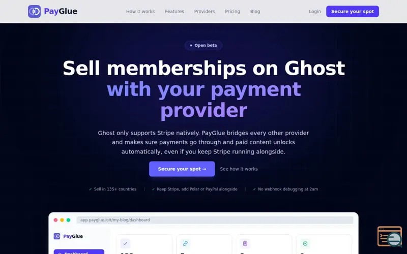 Screenshot of PayGlue | Connect any payment provider to Ghost CMS