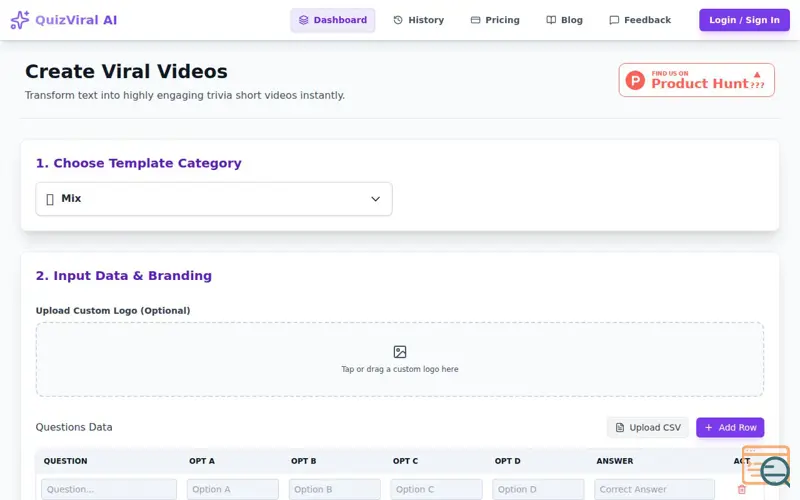 Screenshot of QuizViral AI