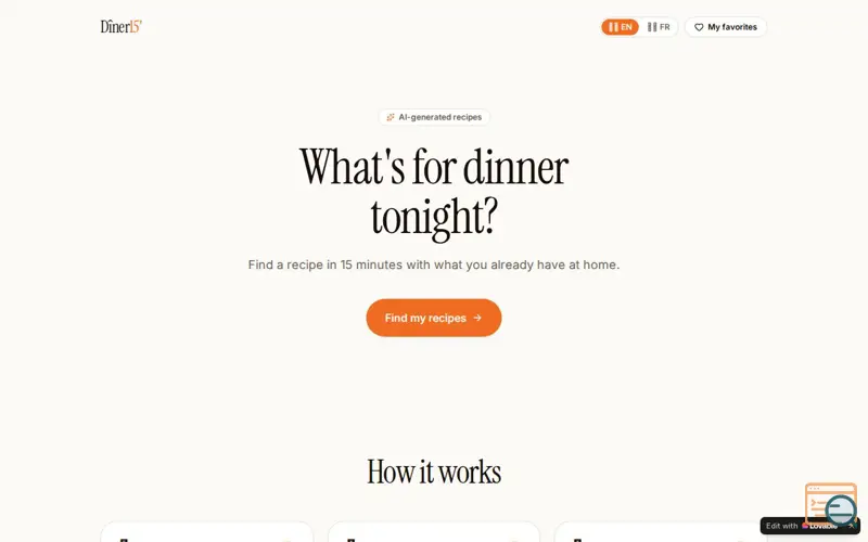 Screenshot of Dîner15' — AI Recipe Finder