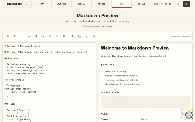 Screenshot of Markdown Preview by OrangeBot