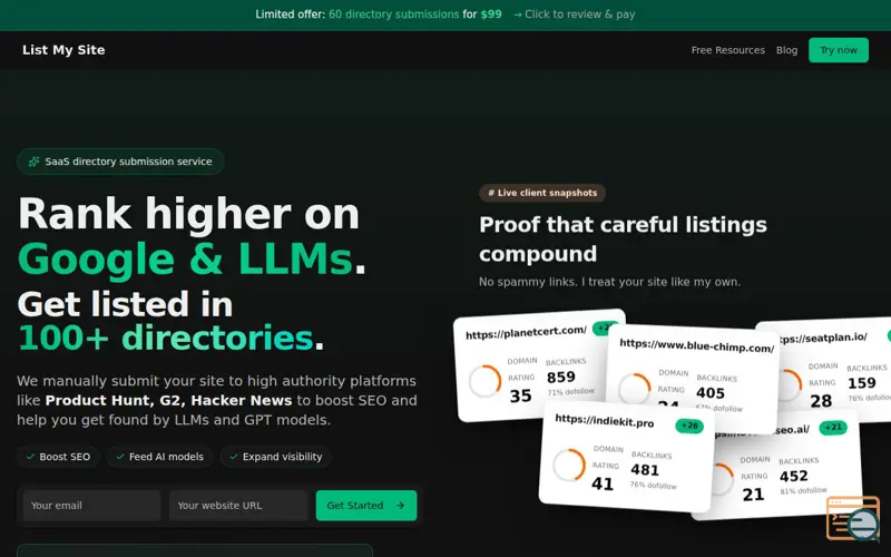 Screenshot of List My Site, a launch using Web Font Loader