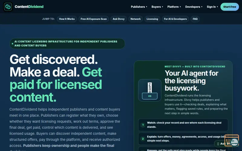 Screenshot of ContentDividend | Publisher Intelligence and AI Licensing Readiness, a launch using DNC Hosting
