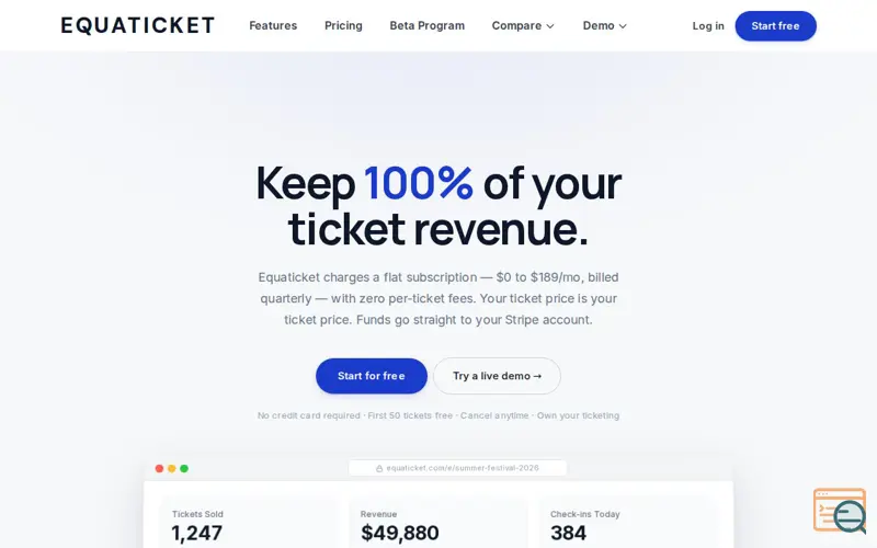 Screenshot of No  Per-Ticket Fees. Ever.