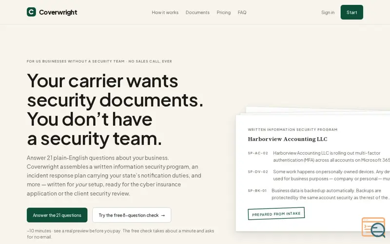 Screenshot of Coverwright — cyber-insurance-ready security documentation