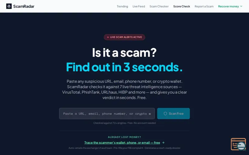 Screenshot of ScamRadar