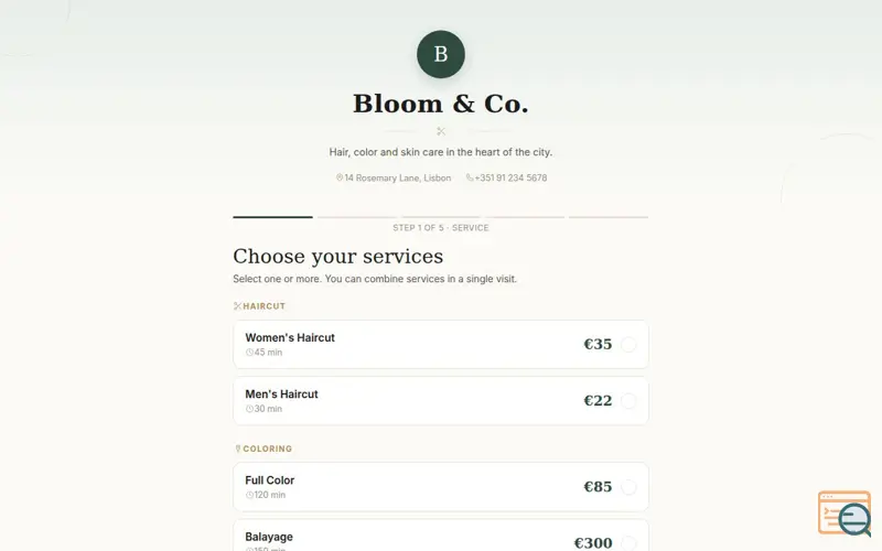 Screenshot of Booking Page