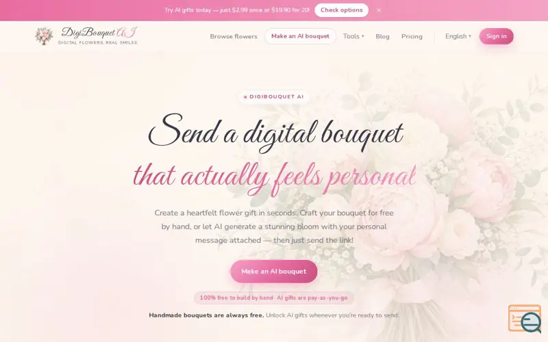 Screenshot of DigiBouquet AI - Create Free & AI Digital Flower Bouquets