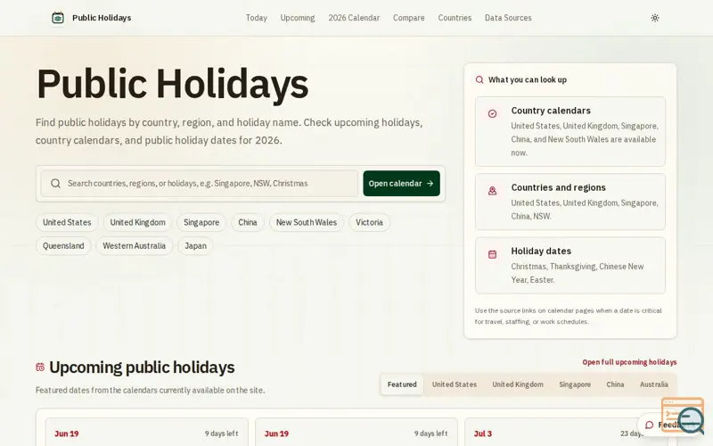 Screenshot of Holiday Calendars