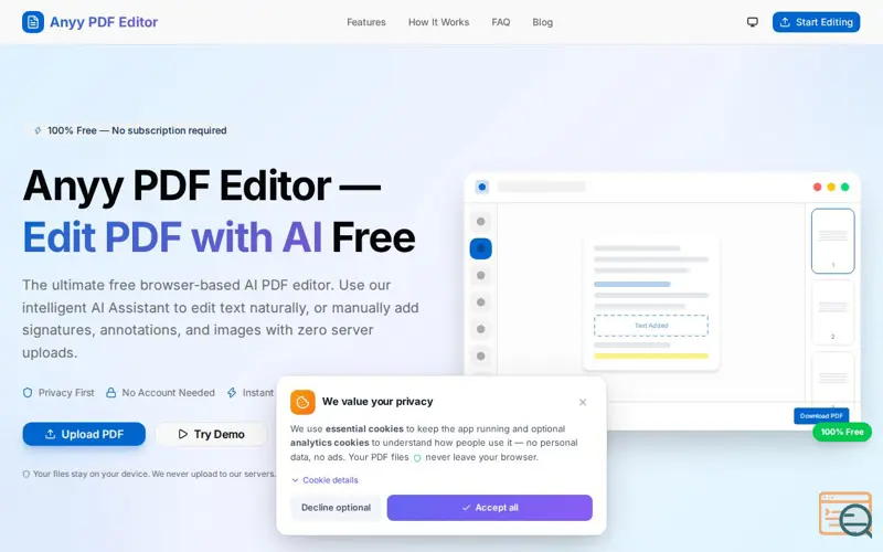 Screenshot of Anyy PDF Editor – Free Online PDF Editor | Edit, Sign & Annotate PDFs